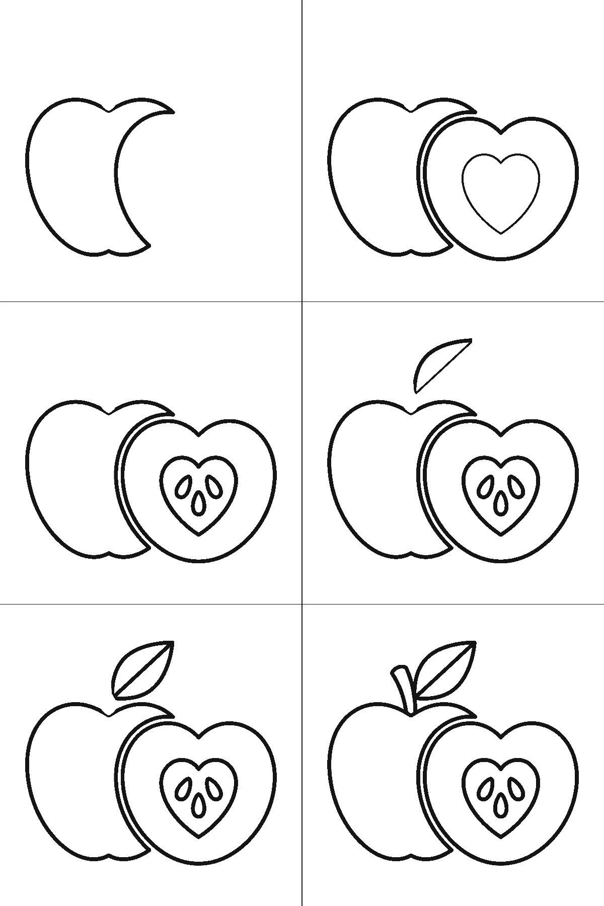 Schritt-für-Schritt-Blatt mit sechs nummerierten Feldern: ein aufrecht stehender Apfel mit Stiel und einem Blatt, daneben ein halbierter Apfel mit herzförmigem Kerngehäuse und drei Kernen. Jedes Feld übernimmt die Linien des vorherigen und fügt neue hinzu, schwarze Linien auf weißem Grund.