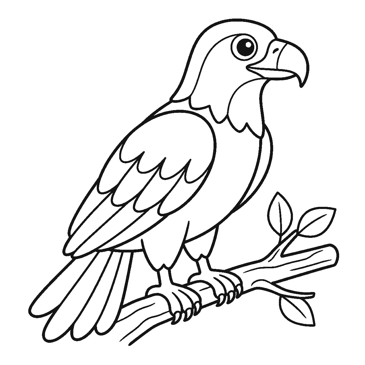 Ausmalbild eines Adlers im Profil auf einem Ast, mit Hakenschnabel, angelegtem Flügel, Schwanzfedern und drei Blättern am Ast, schwarze Umrisslinien auf Weiß