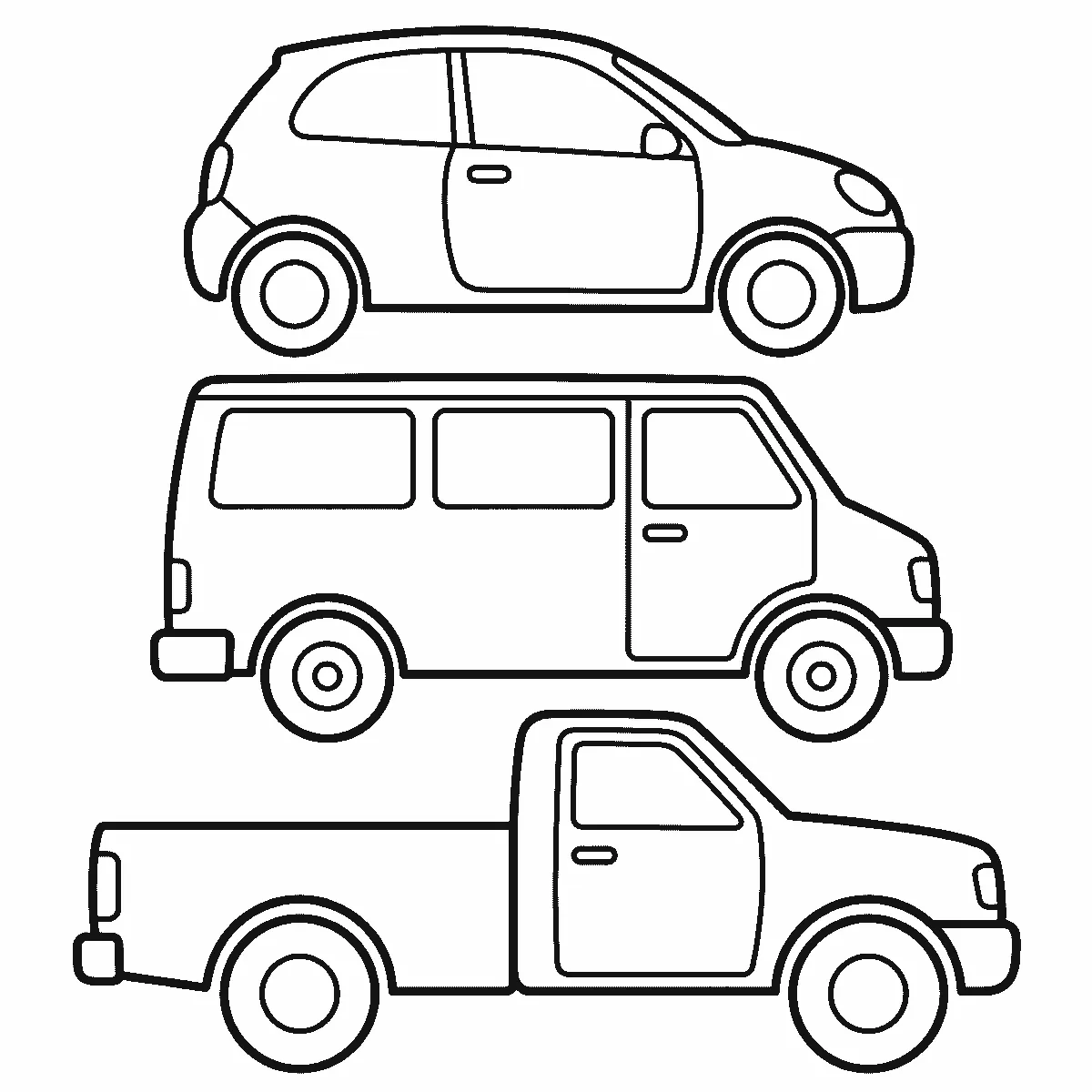 Ausmalbild von drei Fahrzeugen untereinander — Kleinwagen, Transporter und Pick-up in Seitenansicht, ohne Kennzeichen, schwarze Umrisslinien auf Weiß