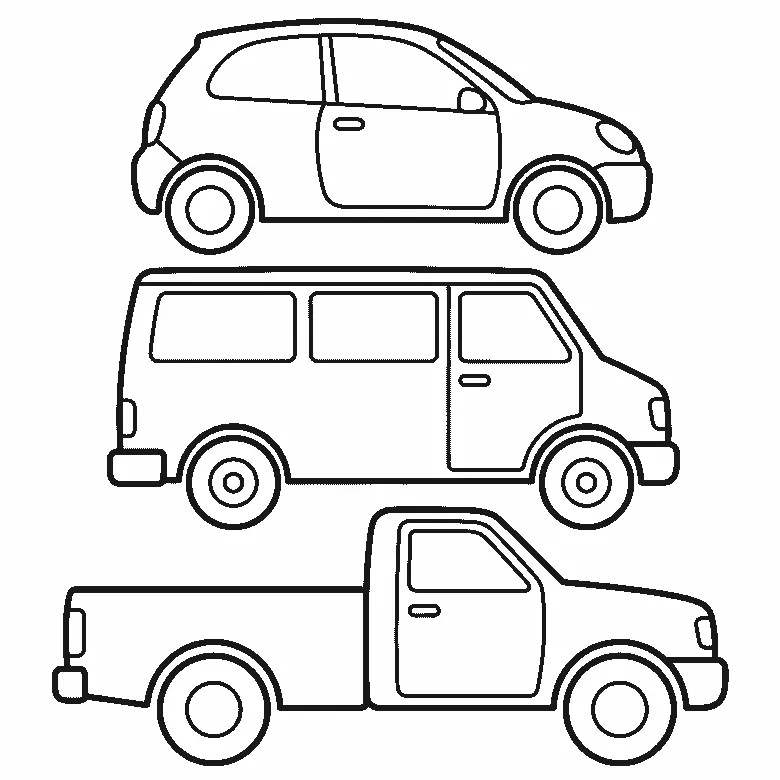 Ausmalbild von drei Fahrzeugen untereinander — Kleinwagen, Transporter und Pick-up in Seitenansicht, ohne Kennzeichen, schwarze Umrisslinien auf Weiß