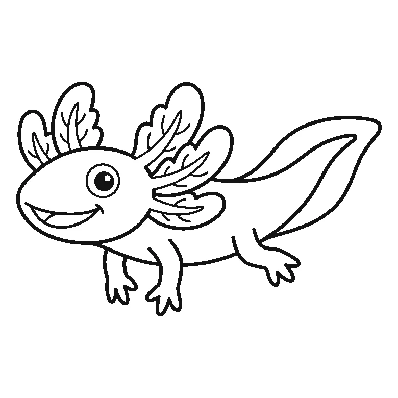 Ausmalbild eines schwimmenden Axolotls im Profil mit lächelndem Mund, gefiederten Kiemenbüscheln am Kopf, vier kurzen Beinen und breitem Ruderschwanz, schwarze Umrisslinien auf Weiß