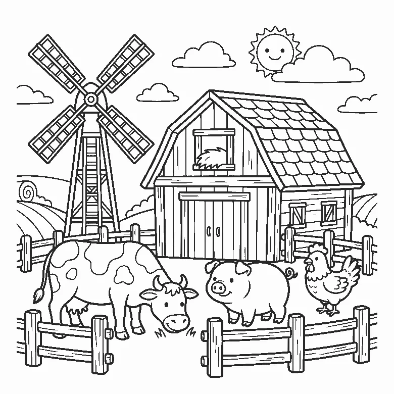 Ausmalbild eines Bauernhofs mit Windmühle, Scheune, Kuh, Schwein und Huhn hinter einem Lattenzaun, schwarze Umrisslinien auf Weiß