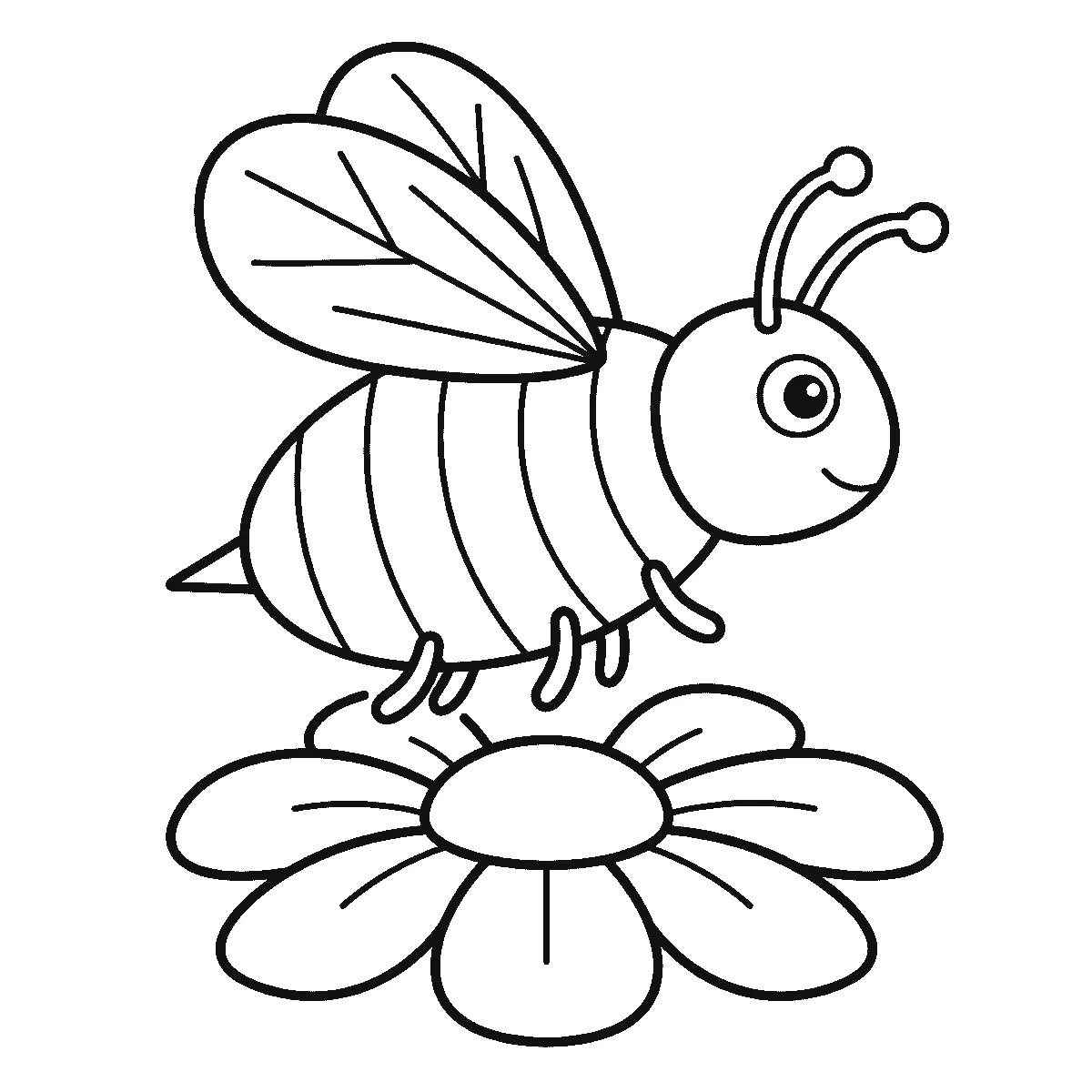 Ausmalbild einer fliegenden Biene im Profil mit zwei Fühlern, gestreiftem Körper, zwei großen Flügeln und einer Blüte darunter, schwarze Umrisslinien auf Weiß
