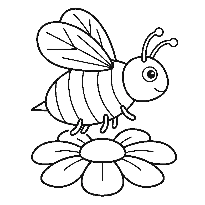 Ausmalbild einer fliegenden Biene im Profil mit zwei Fühlern, gestreiftem Körper, zwei großen Flügeln und einer Blüte darunter, schwarze Umrisslinien auf Weiß
