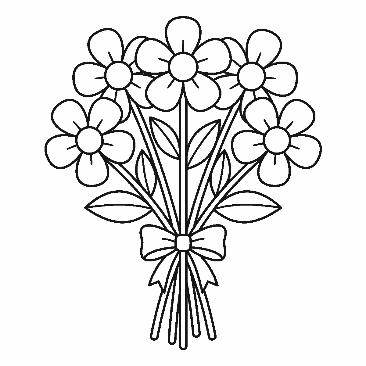 Ausmalbild eines Blumenstraußes aus fünf großen fünfblättrigen Blüten mit Blättern, Stielen und einer Schleife, schwarze Umrisslinien auf Weiß