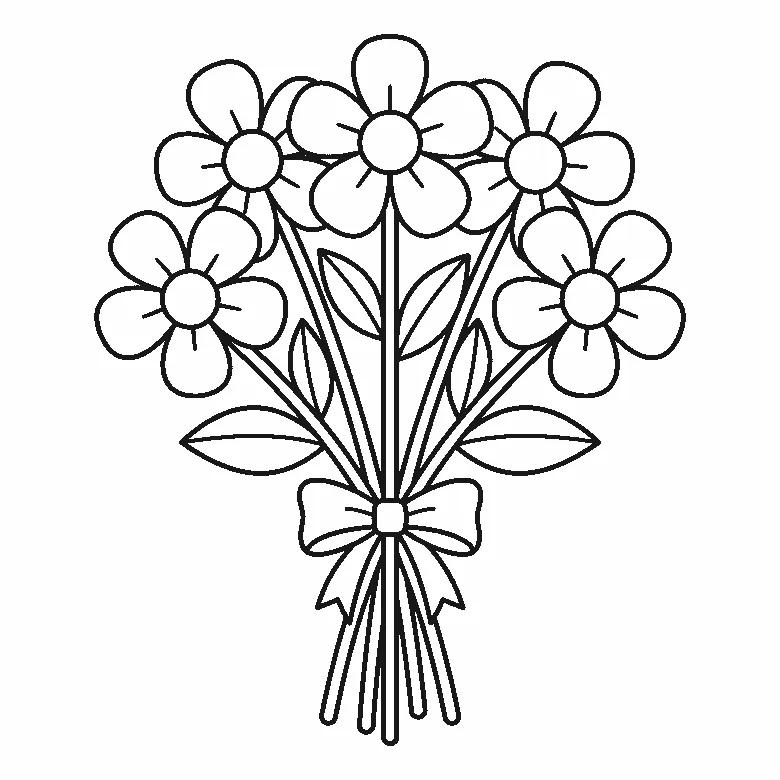 Ausmalbild eines Blumenstraußes aus fünf großen fünfblättrigen Blüten mit Blättern, Stielen und einer Schleife, schwarze Umrisslinien auf Weiß