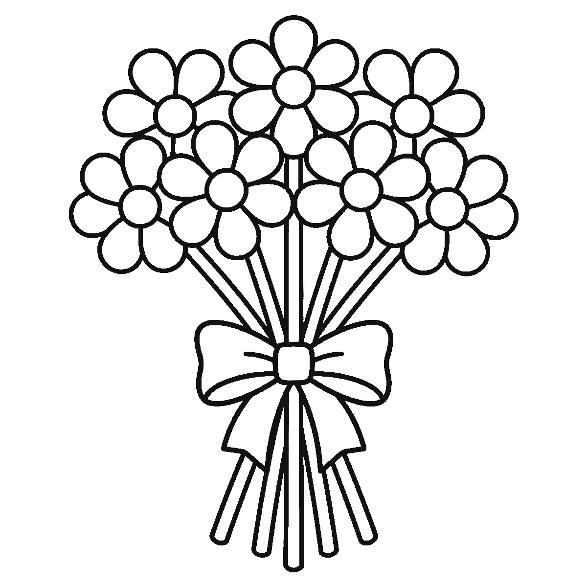 Ausmalbild eines gebundenen Blumenstraußes aus neun Blüten mit langen Stielen und einer großen Schleife, schwarze Umrisslinien auf Weiß