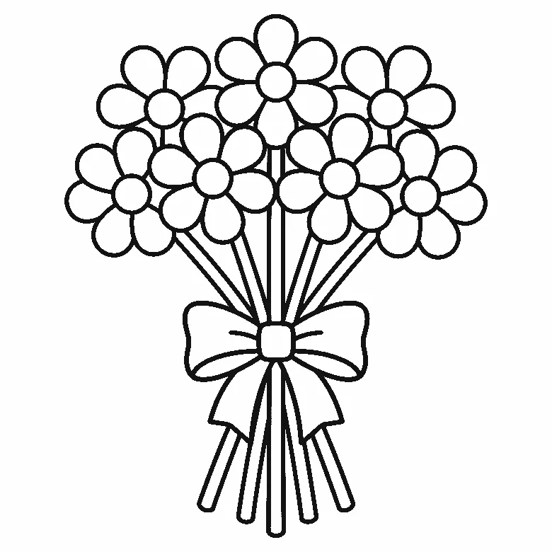 Ausmalbild eines gebundenen Blumenstraußes aus neun Blüten mit langen Stielen und einer großen Schleife, schwarze Umrisslinien auf Weiß