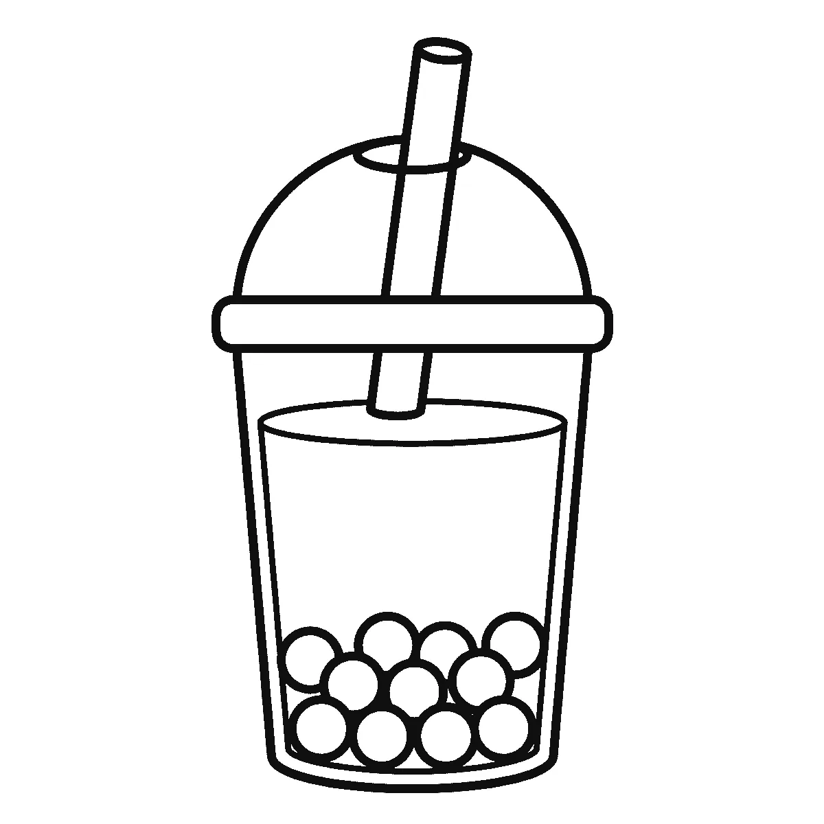 Ausmalbild eines Bubble-Tea-Bechers mit Kuppeldeckel, dickem Strohhalm und einer Lage runder Perlen im unteren Drittel, schwarze Umrisslinien auf Weiß
