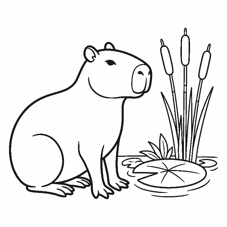 Ausmalbild eines sitzenden Capybaras im Profil neben Schilfrohren und einem Seerosenblatt, schwarze Umrisslinien auf Weiß