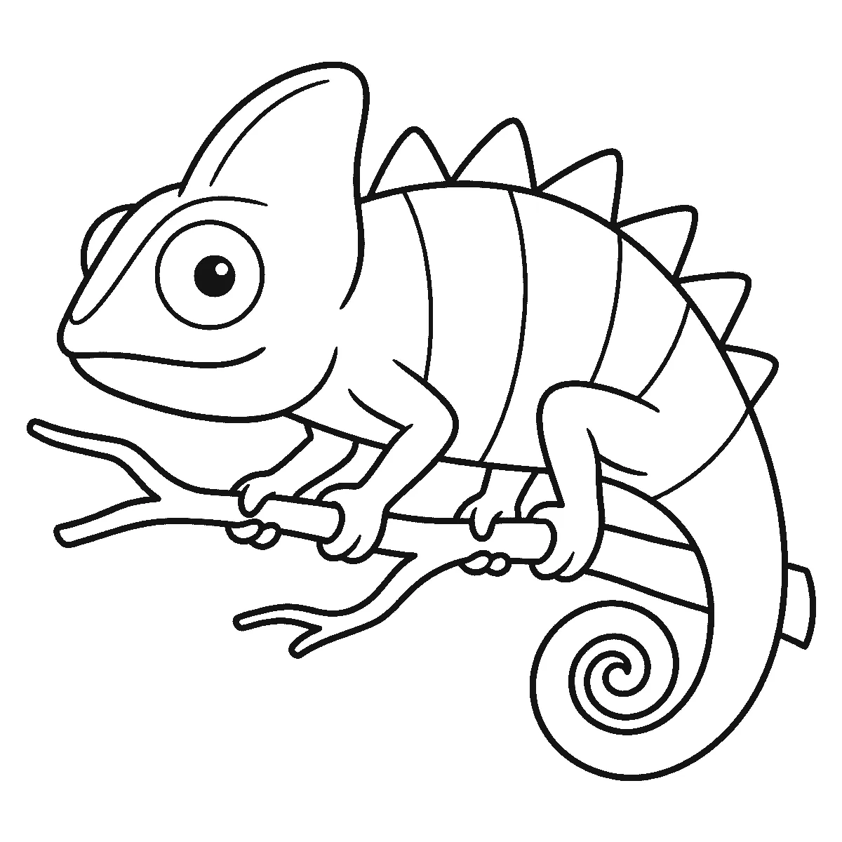 Ausmalbild eines Chamäleons auf einem Ast mit großem rundem Auge, hohem Kopfkamm, gezackter Rückenreihe und eingerolltem Schwanz, schwarze Umrisslinien auf Weiß