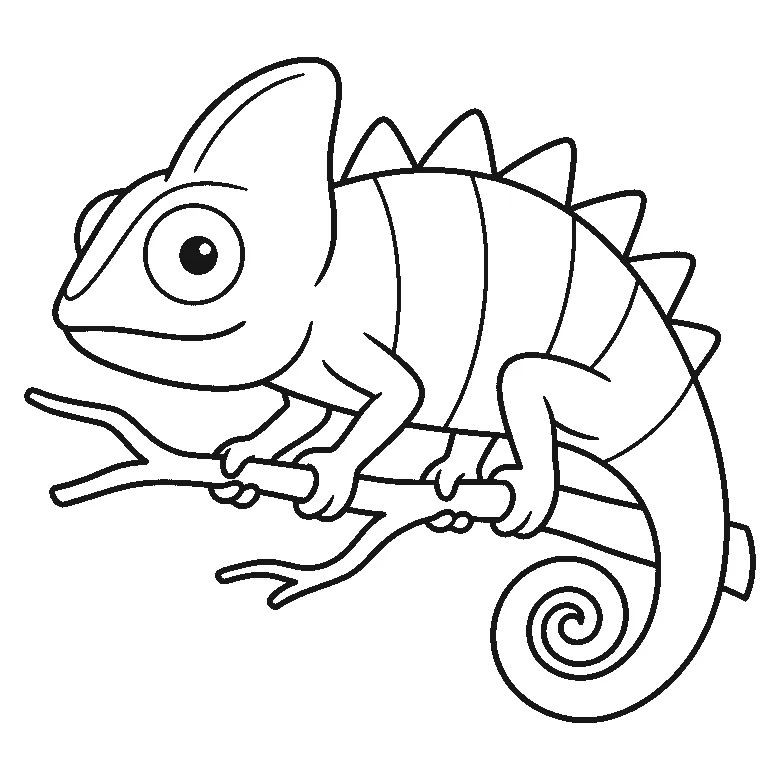 Ausmalbild eines Chamäleons auf einem Ast mit großem rundem Auge, hohem Kopfkamm, gezackter Rückenreihe und eingerolltem Schwanz, schwarze Umrisslinien auf Weiß