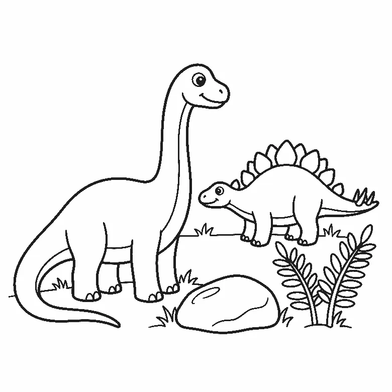 Ausmalbild eines langhalsigen Dinosauriers neben einem kleineren Dinosaurier mit Rückenplatten, dazu Farne und ein Stein, schwarze Umrisslinien auf Weiß