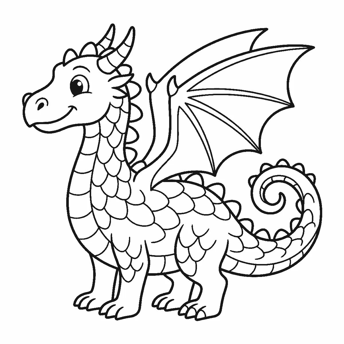 Ausmalbild eines freundlichen Drachen im Profil mit ausgebreiteten Flügeln, Schuppenmuster, Rückenzacken und eingerolltem Schwanz, schwarze Umrisslinien auf Weiß