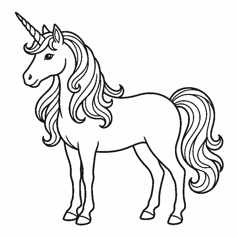 Ausmalbild eines stehenden Einhorns im Profil mit wehender Mähne und Horn, schwarze Umrisslinien auf Weiß