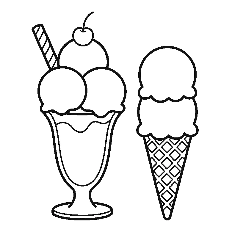 Ausmalbild eines Eisbechers im Stielglas mit drei Kugeln, Kirsche und Waffelröllchen neben einer Waffeltüte mit zwei Kugeln, schwarze Umrisslinien auf Weiß