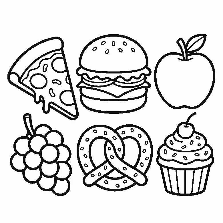 Ausmalbild aus sechs Speisen: Pizzastück, Burger, Apfel, Weintraube, Brezel und Muffin, schwarze Umrisslinien auf Weiß