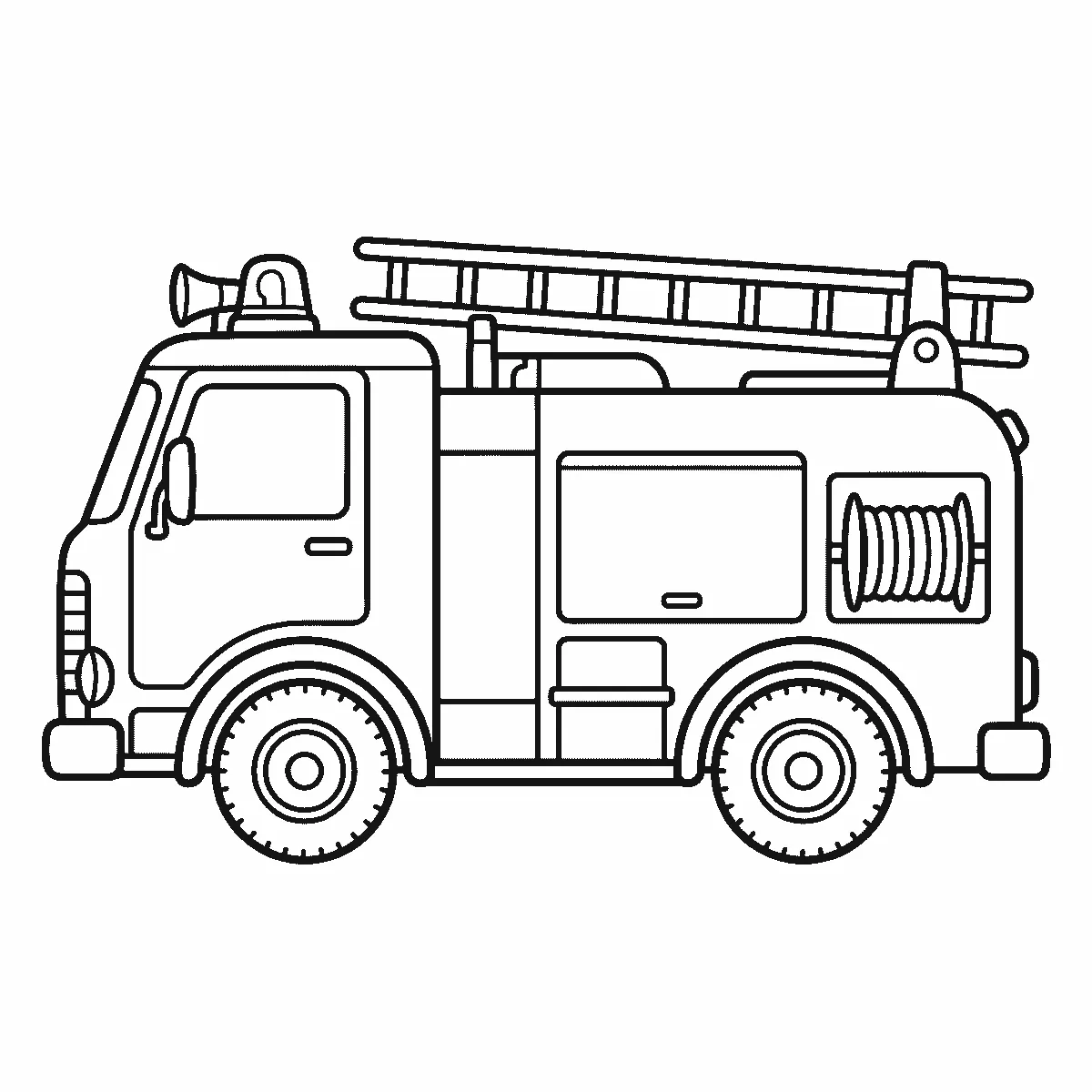 Ausmalbild eines Feuerwehrautos in Seitenansicht mit Leiter, Rundumlicht, Signalhorn und Schlauchtrommel, ohne Aufschrift, schwarze Umrisslinien auf Weiß