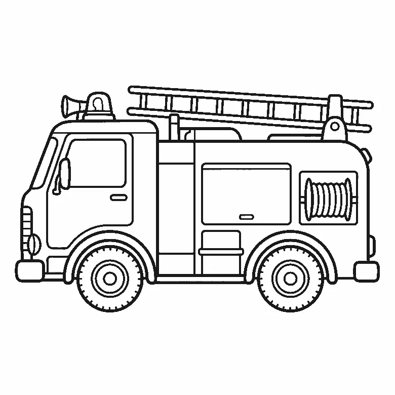 Ausmalbild eines Feuerwehrautos in Seitenansicht mit Leiter, Rundumlicht, Signalhorn und Schlauchtrommel, ohne Aufschrift, schwarze Umrisslinien auf Weiß
