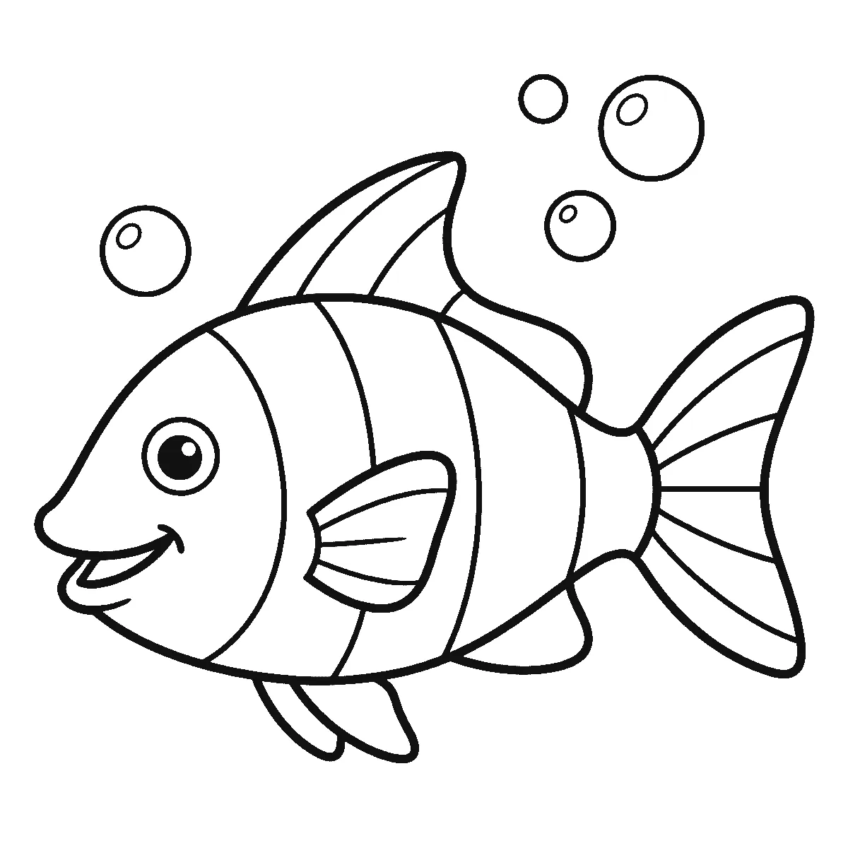 Ausmalbild eines Fisches im Profil mit lächelndem Mund, hoher Rückenflosse, breiter Schwanzflosse, Querstreifen und vier Luftblasen darüber, schwarze Umrisslinien auf Weiß