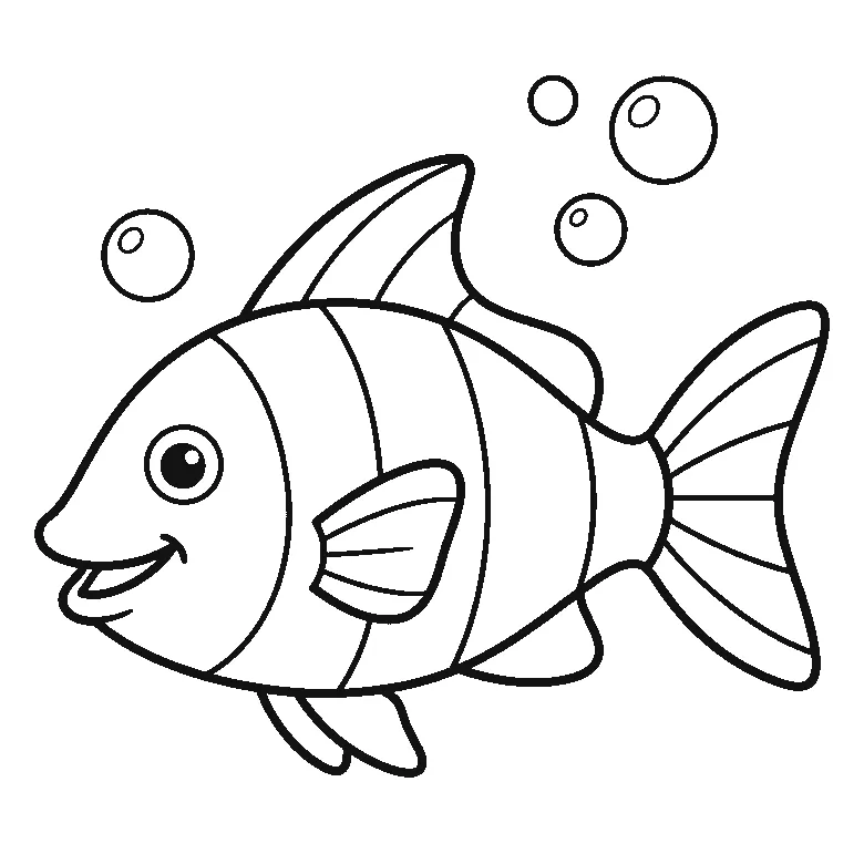 Ausmalbild eines Fisches im Profil mit lächelndem Mund, hoher Rückenflosse, breiter Schwanzflosse, Querstreifen und vier Luftblasen darüber, schwarze Umrisslinien auf Weiß