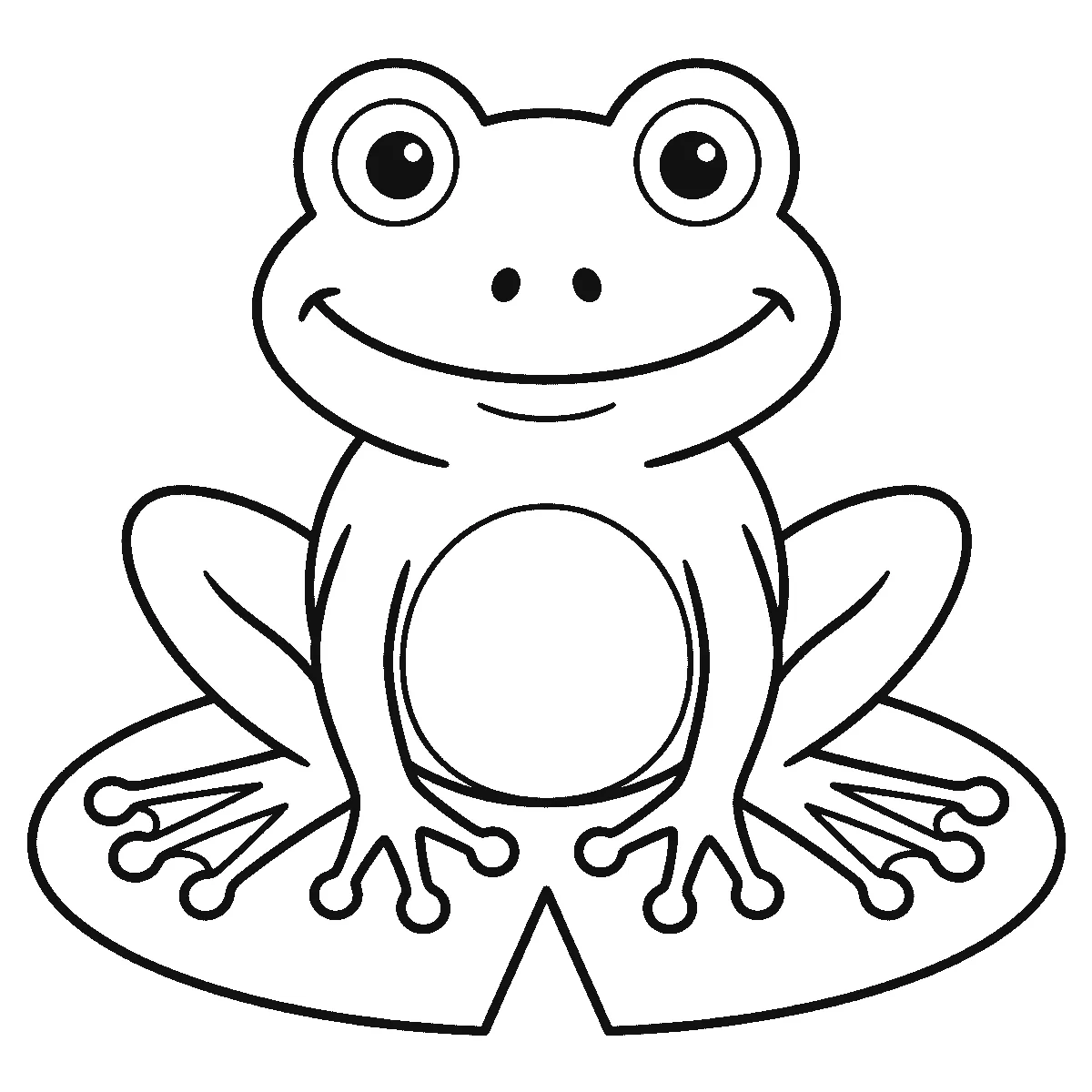 Ausmalbild eines Frosches von vorn auf einem Seerosenblatt, mit zwei großen Augenkuppeln, breitem Lächeln und rundem Bauchfeld, schwarze Umrisslinien auf Weiß