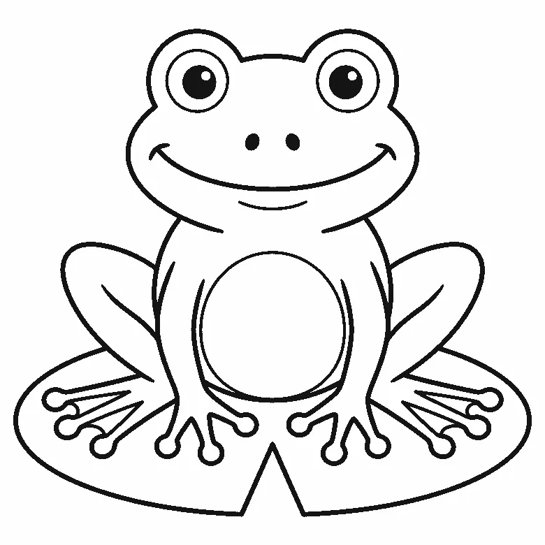 Ausmalbild eines Frosches von vorn auf einem Seerosenblatt, mit zwei großen Augenkuppeln, breitem Lächeln und rundem Bauchfeld, schwarze Umrisslinien auf Weiß
