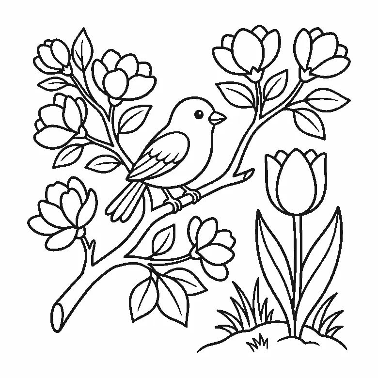 Ausmalbild mit blühendem Zweig, einem darauf sitzenden Vogel, einer Tulpe und Grasbüscheln, schwarze Umrisslinien auf Weiß