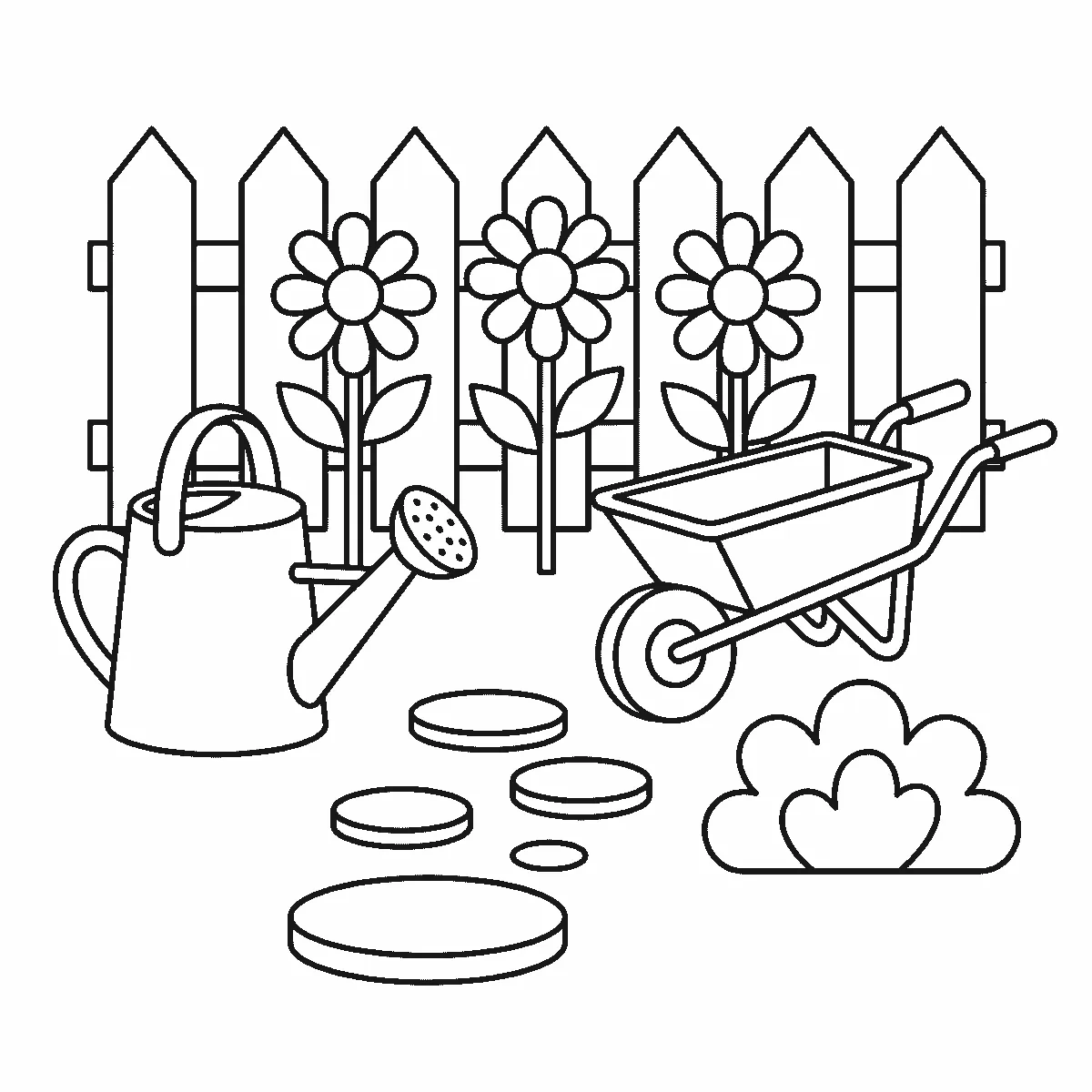Ausmalbild einer Gartenszene mit Lattenzaun, drei Blumen, Gießkanne, Schubkarre, Busch und fünf Trittsteinen, schwarze Umrisslinien auf Weiß