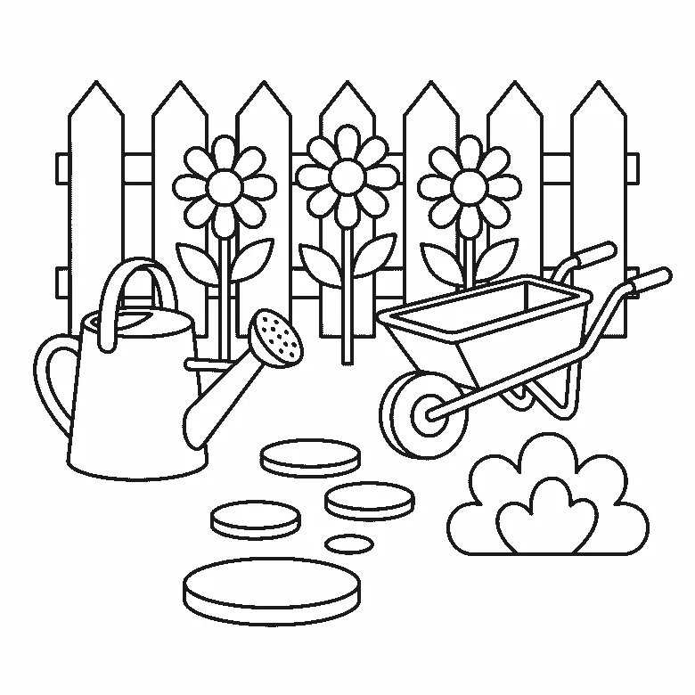 Ausmalbild einer Gartenszene mit Lattenzaun, drei Blumen, Gießkanne, Schubkarre, Busch und fünf Trittsteinen, schwarze Umrisslinien auf Weiß