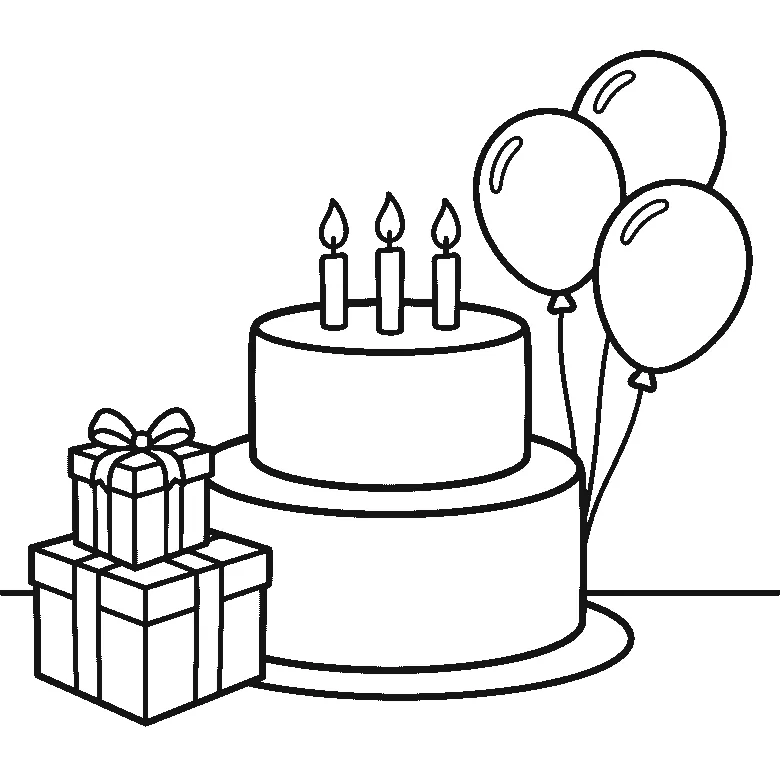 Ausmalbild einer zweistöckigen Geburtstagstorte mit drei Kerzen, drei Luftballons und zwei Geschenkschachteln, schwarze Umrisslinien auf Weiß