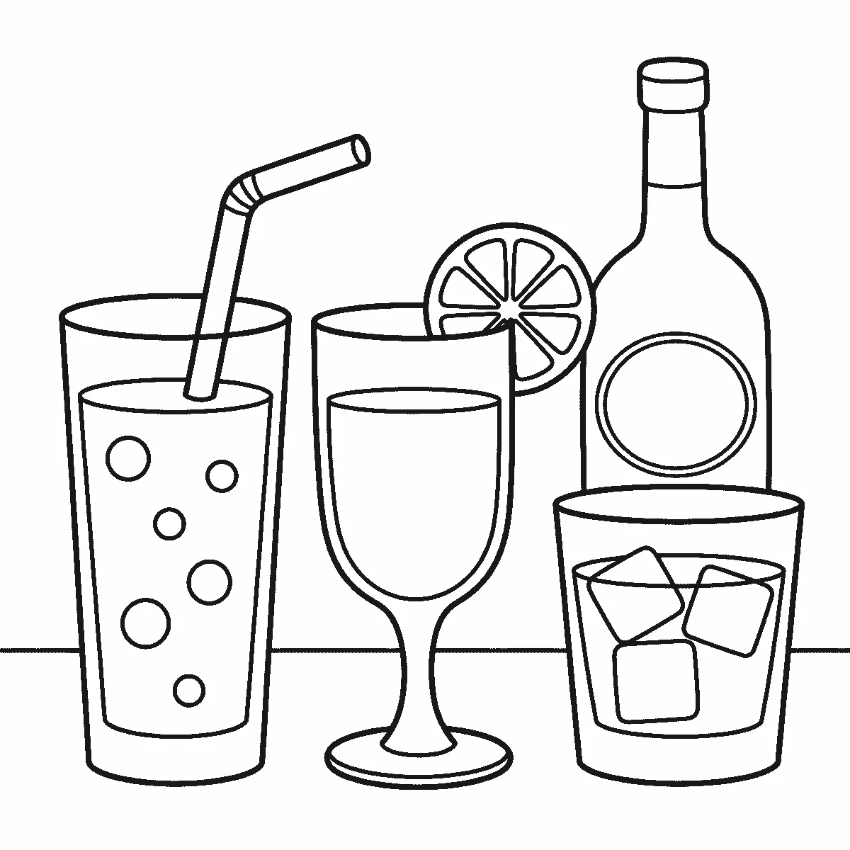 Ausmalbild dreier Gläser — ein hohes Glas mit Strohhalm und Blasen, ein Stielglas mit Zitronenscheibe, ein niedriges Glas mit drei Eiswürfeln — und einer Flasche dahinter, schwarze Umrisslinien auf Weiß