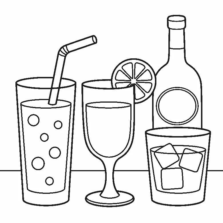 Ausmalbild dreier Gläser — ein hohes Glas mit Strohhalm und Blasen, ein Stielglas mit Zitronenscheibe, ein niedriges Glas mit drei Eiswürfeln — und einer Flasche dahinter, schwarze Umrisslinien auf Weiß