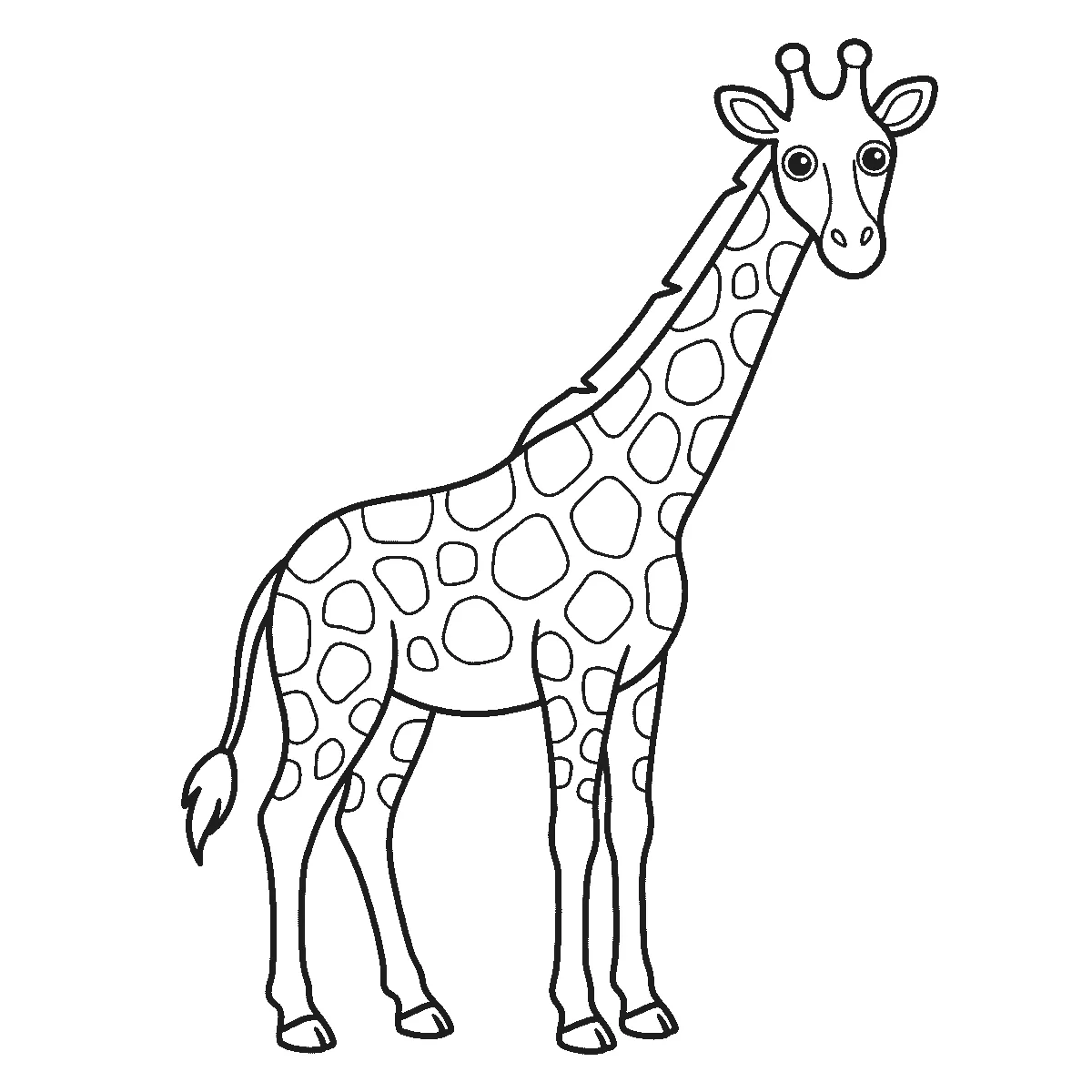 Ausmalbild einer stehenden Giraffe im Profil mit zum Betrachter gedrehtem Kopf und zwei runden Augen, sehr langem Hals, zwei kurzen Hörnern, gezackter Nackenmähne und großen abgerundeten Flecken, schwarze Umrisslinien auf Weiß