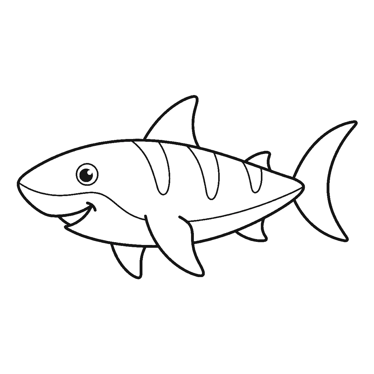Ausmalbild eines schwimmenden Hais im Profil mit hoher Rückenflosse, drei Streifen über dem Rücken und hellem Bauchfeld, schwarze Umrisslinien auf Weiß
