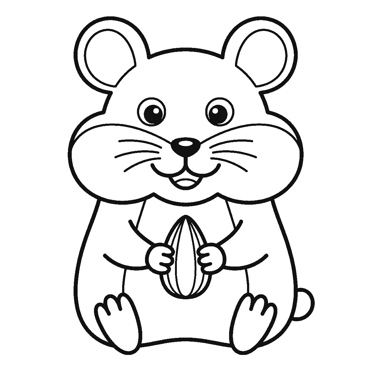 Ausmalbild eines aufrecht sitzenden Hamsters von vorn mit zwei runden Augen, prallen Backentaschen und einem Sonnenblumenkern zwischen den Pfoten, schwarze Umrisslinien auf Weiß