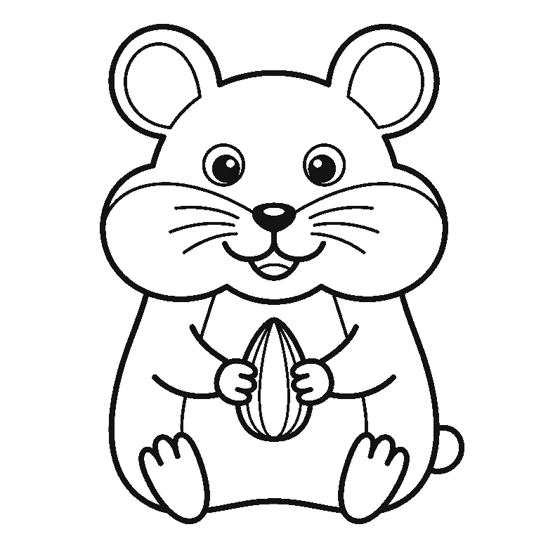 Ausmalbild eines aufrecht sitzenden Hamsters von vorn mit zwei runden Augen, prallen Backentaschen und einem Sonnenblumenkern zwischen den Pfoten, schwarze Umrisslinien auf Weiß