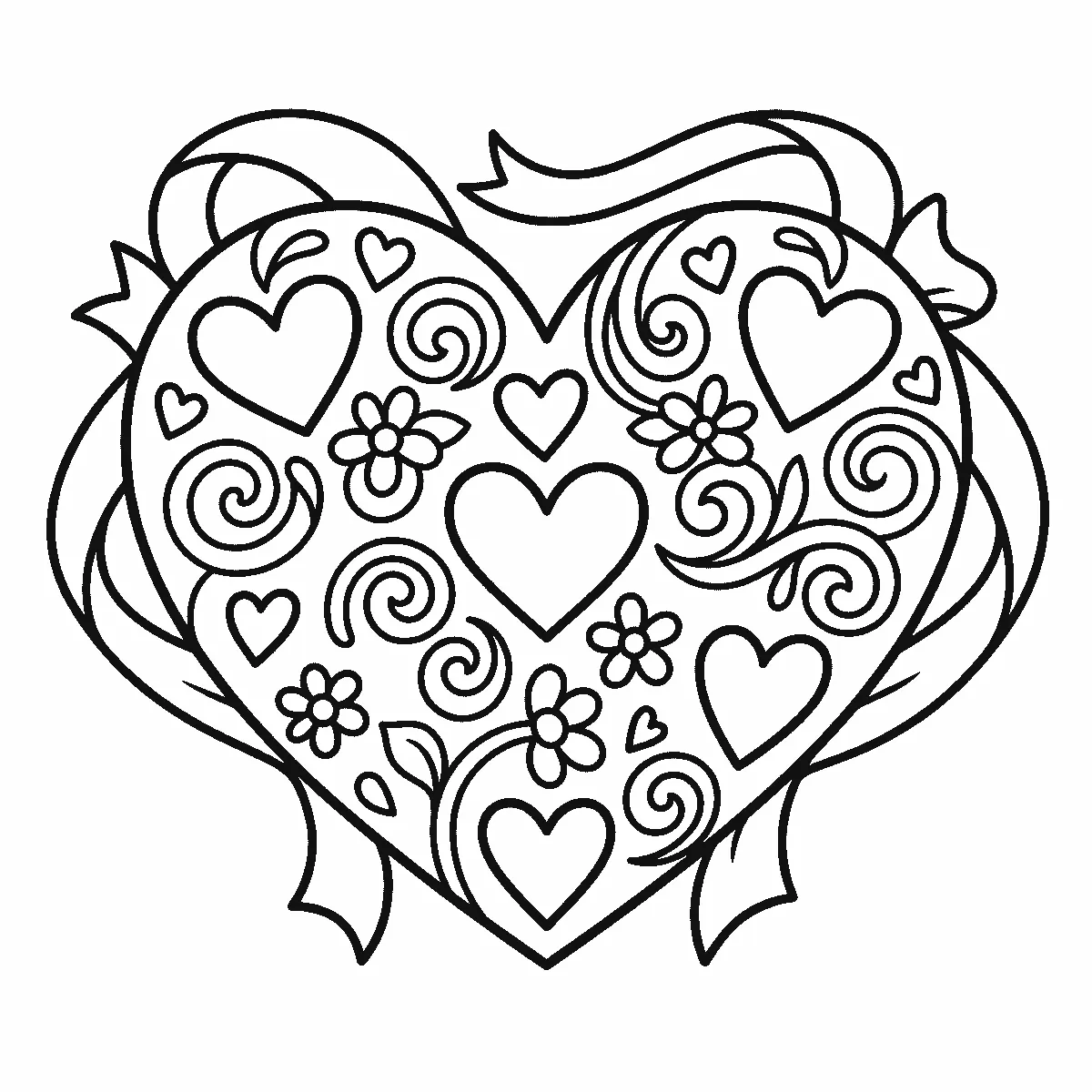 Ausmalbild eines großen Herzens, gefüllt mit kleineren Herzen, Spiralen und Blüten, dahinter ein Band, schwarze Umrisslinien auf Weiß