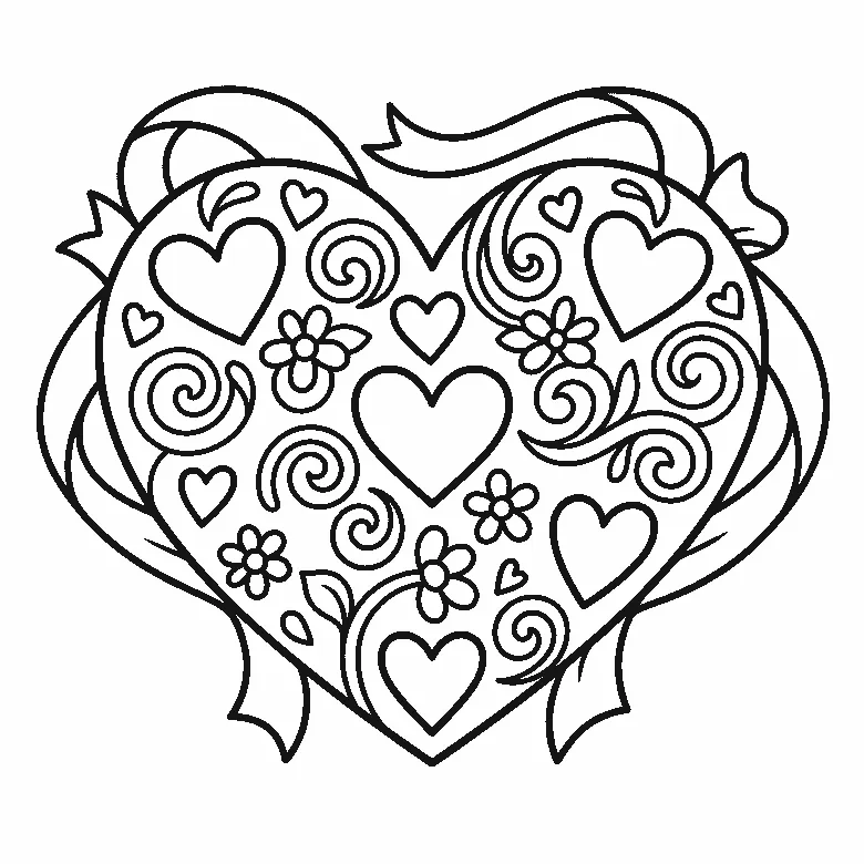 Ausmalbild eines großen Herzens, gefüllt mit kleineren Herzen, Spiralen und Blüten, dahinter ein Band, schwarze Umrisslinien auf Weiß