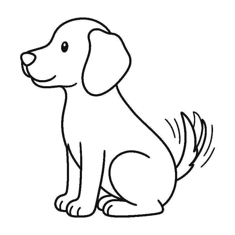 Ausmalbild eines sitzenden Hundes mit Schlappohren im Profil, schwarze Umrisslinien auf Weiß