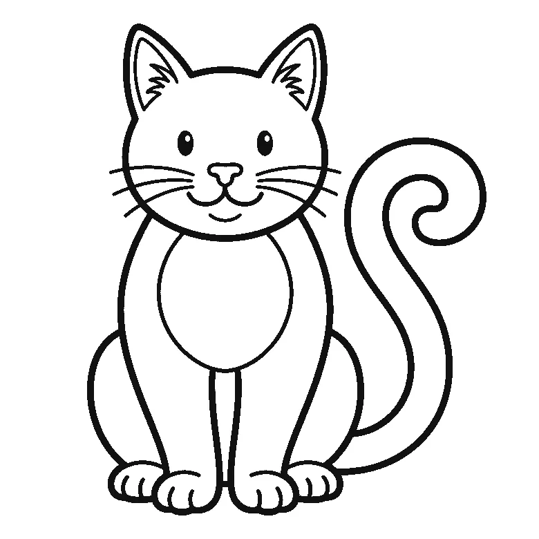 Ausmalbild einer aufrecht sitzenden Katze mit langem Schwanz, schwarze Umrisslinien auf Weiß
