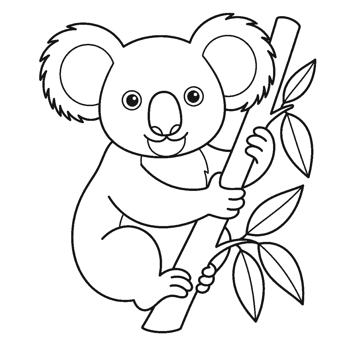 Ausmalbild eines Koalas an einem Ast mit zwei sehr großen runden Ohren, zwei runden Augen, großer Nase und Eukalyptusblättern, schwarze Umrisslinien auf Weiß