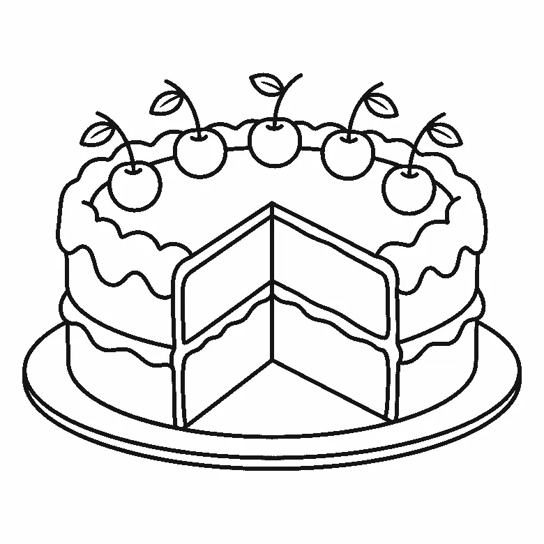 Ausmalbild einer angeschnittenen Torte auf einem Teller mit welligem Zuckergussrand und fünf Kirschen, schwarze Umrisslinien auf Weiß