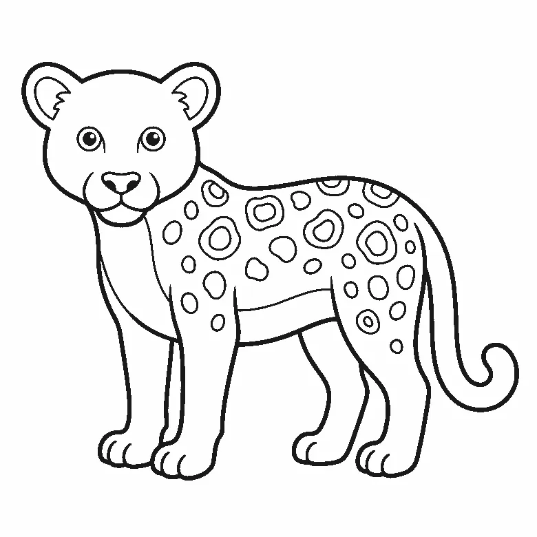 Ausmalbild eines stehenden Leoparden mit zum Betrachter gedrehtem Kopf, zwei runden Augen und über Rücken und Flanke verteilten offenen Ringflecken, schwarze Umrisslinien auf Weiß