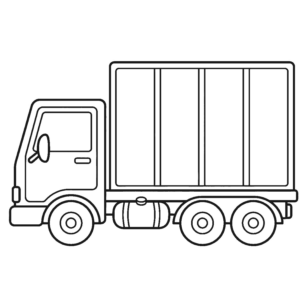 Ausmalbild eines Kofferaufbau-Lkw von der Seite mit Fahrerhaus, vier Aufbaufeldern, Tank und drei Rädern, schwarze Umrisslinien auf Weiß