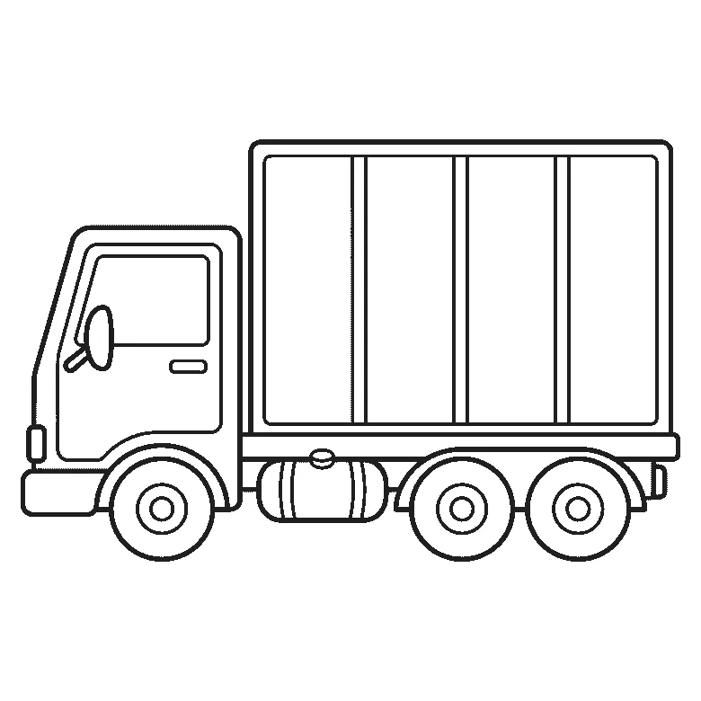 Ausmalbild eines Kofferaufbau-Lkw von der Seite mit Fahrerhaus, vier Aufbaufeldern, Tank und drei Rädern, schwarze Umrisslinien auf Weiß