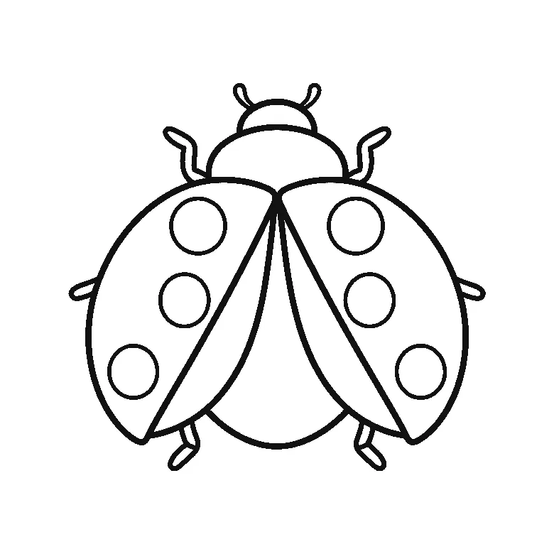 Ausmalbild eines Marienkäfers von oben mit weit geöffneten Flügeldecken, sechs großen runden Punkten und zwei Fühlern, schwarze Umrisslinien auf Weiß