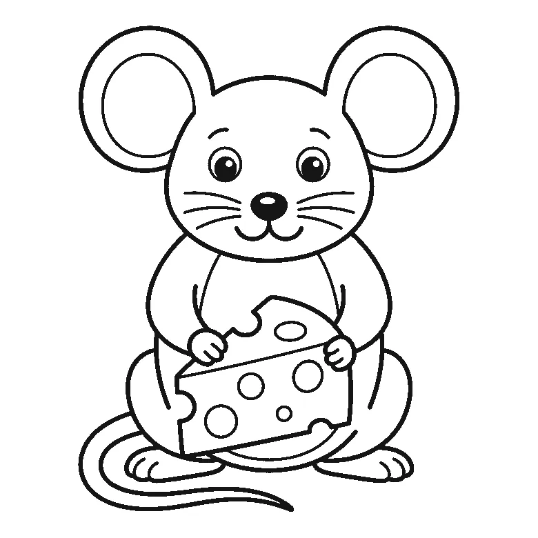 Ausmalbild einer aufrecht sitzenden Maus von vorn mit sehr großen runden Ohren, langem geschwungenem Schwanz und einem Käsestück mit Löchern in den Pfoten, schwarze Umrisslinien auf Weiß