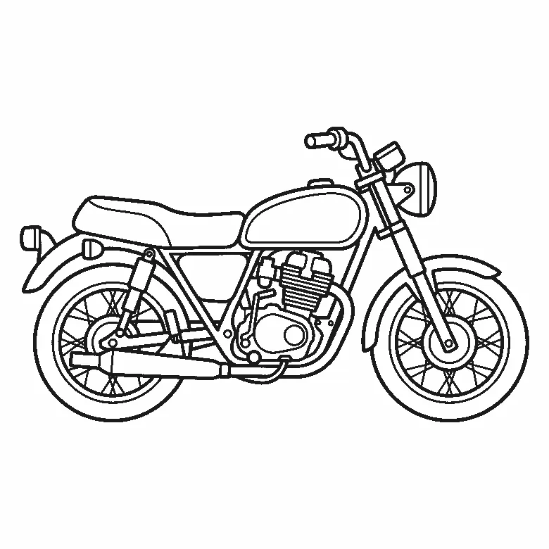 Ausmalbild eines Motorrads in Seitenansicht mit Speichenrädern, Tank, Scheinwerfer und Auspuff, ohne Aufschrift, schwarze Umrisslinien auf Weiß