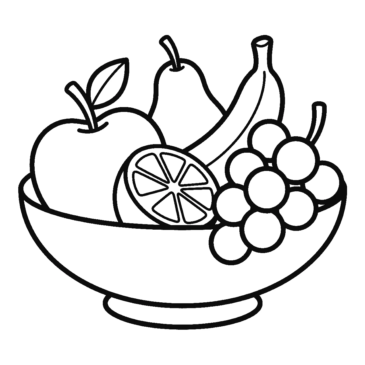 Ausmalbild einer flachen Obstschale mit Apfel, Birne, Banane, einer halbierten Orange und einer Weintraube, schwarze Umrisslinien auf Weiß